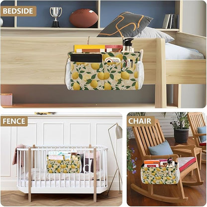 CuwrYet Bedside Caddy Hanging Bunk Bed Caddy Bed Organizer Hanging Pocket with 2 Hooks Bedside Storage Organizer Pocket Bag Holder Beige Lemons and Flowers