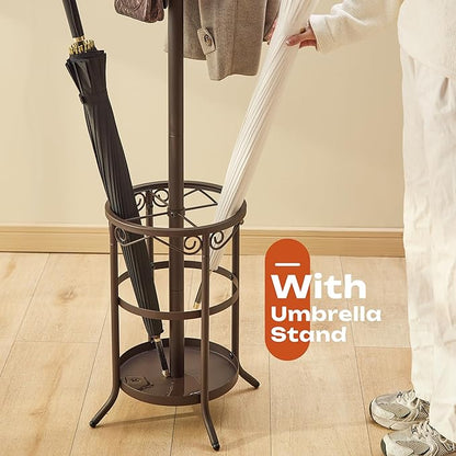 GHWIE Coat Rack Freestanding, Coat Tree with Umbrella Holder, Metal Coat Rack Stand with 12 Hooks, Standing Coat Hanger Stand, Umbrella Stand for Entryway, Hat Rack Stand for Home Office, Brown