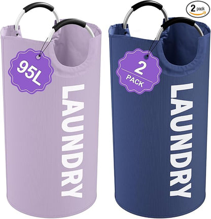 Set of 2 Large Laundry Baskets for Adult, 95L Collapsible Laundry Baskets with Aluminum Handles, Portable Dirty Clothes Hampers for Bedroom, Travel, Purple + Navy Blue
