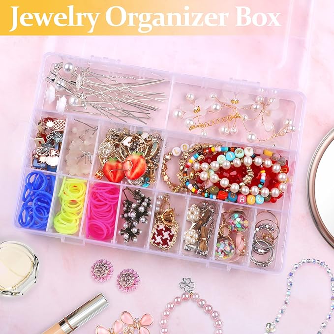 3 Pack 24 Grids Clear Plastic Storage Container With Adjustable Divider, Craft and Bead Organizer Box for DIY Jewelry Tackles With 2 Sheets Label Stickers