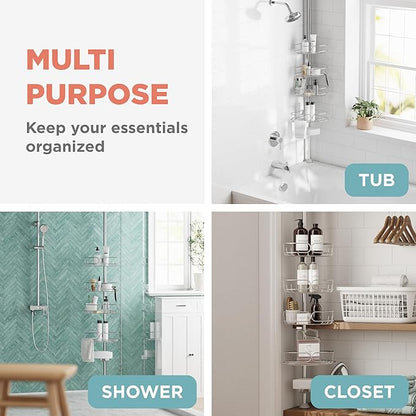 Zenna Home Tension Pole Shower Caddy Corner Organizer, Adjustable Standing Shower Caddy with 4 Shelves, Rustproof Bathroom Tension Rod Organizer, 60 to 108 Inch, Stainless Steel