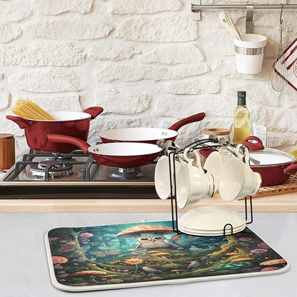 Beautiful Fairy Forest Owl Mushroom Flowers Butterfly Microfiber Dish Drying Kitchen Countertop Table Protector Multipurpose Counter Rack Sink Drainer Pad (16" x 18")