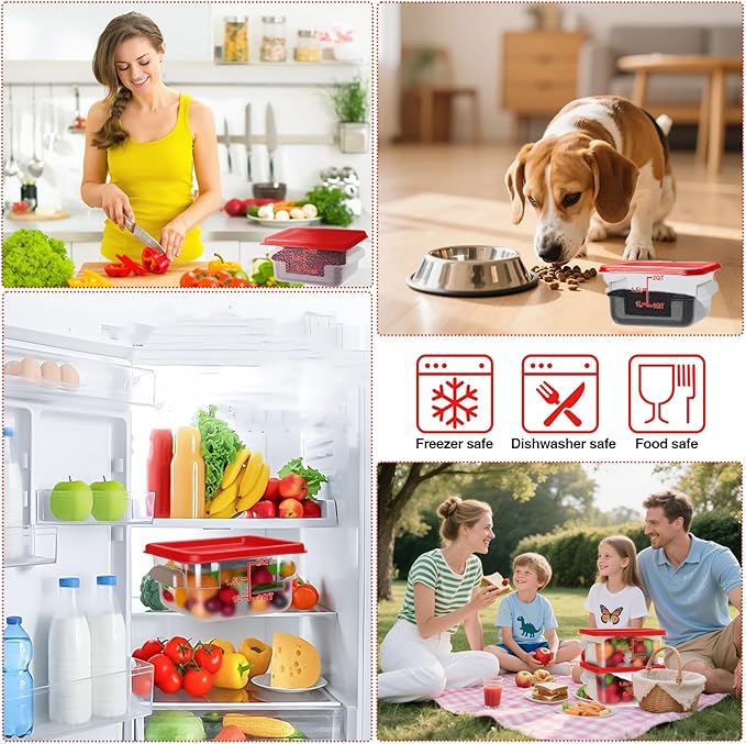 WELKOR Airtight Square Food Storage Containers with Lids 4-Pack, Lock-Tight Seal for Flour, Sugar, Cereal, Keep Food Fresh, BPA-Free Stackable Kitchen Canisters with Measurements (Red, 2QT-4PACK)