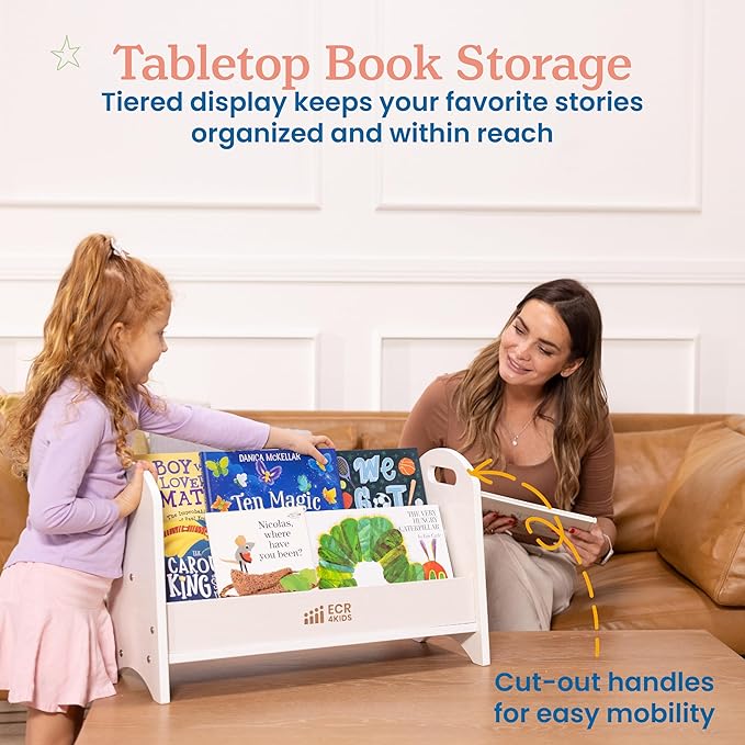 ECR4Kids 2-Shelf Tabletop Book Display with Handles, Beginner Bookshelf, White Wash