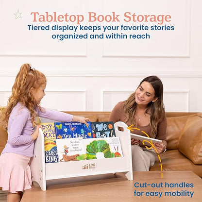 ECR4Kids 2-Shelf Tabletop Book Display with Handles, Beginner Bookshelf, White Wash