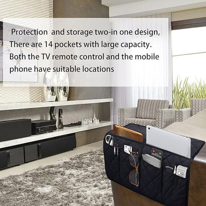 Benuomi Sofa Armrest Organizer Waterproof Armchair Caddy Remote Control Holder for Recliner Non Slip Recliner Organizer Chair Arm Organizer with 14 Pockets for TV Remotes Caddy, Book, Magazines, Ipad