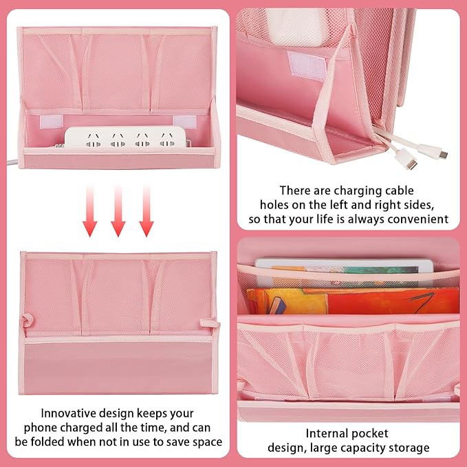 Retyion Bedside Caddy Bedside Storage Organizer Bedside Organizer with Power Strip Holder and 2 Adjustable Straps for Home Bunk Bed College Dorm Sofa (2 Pack Pink)