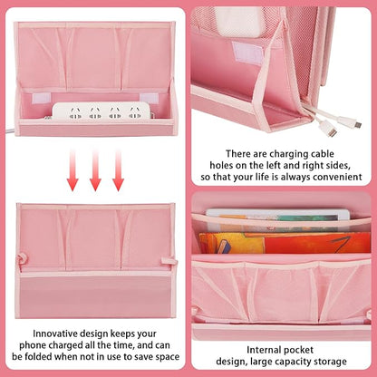 Retyion Bedside Caddy Bedside Storage Organizer Bedside Organizer with Power Strip Holder and 2 Adjustable Straps for Home Bunk Bed Dorm Sofa (Pink)