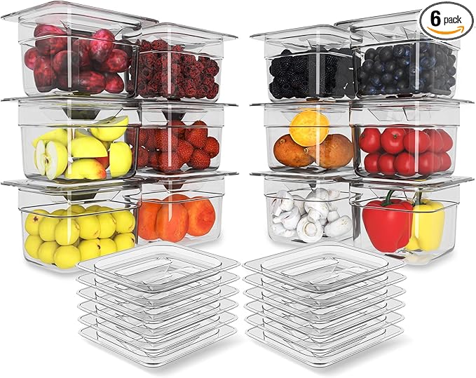 HNEDSEN 12 Pack Plastic Food Pan with Lid 1/6 Size 4 Inch Deep Restaurant Clear Food Storage Containers Polycarbonate Commercial Hotel Pans for Fruits Vegetables Beans Corns (12 PCS, 4'' Deep)