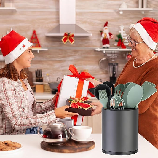 Kitchen Utensil Holder Extra Large 360°Rotating For Counter Organizer Stainless Steel Storage Cooking Silverware Caddy 3 Compartment Flatware Spoon Spatula Tool Cutlery Container(Grey)