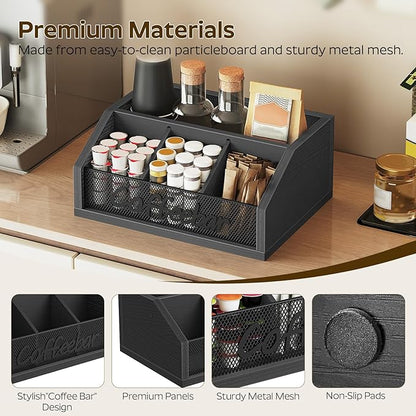 Coffee Bar Organizer, Wooden Coffee Pod Organizer for Countertop, Versatile Pod Holder with Dividers, Holds Syrup, Cups, Tea Bags, Easy Assembly, Black KH11BB