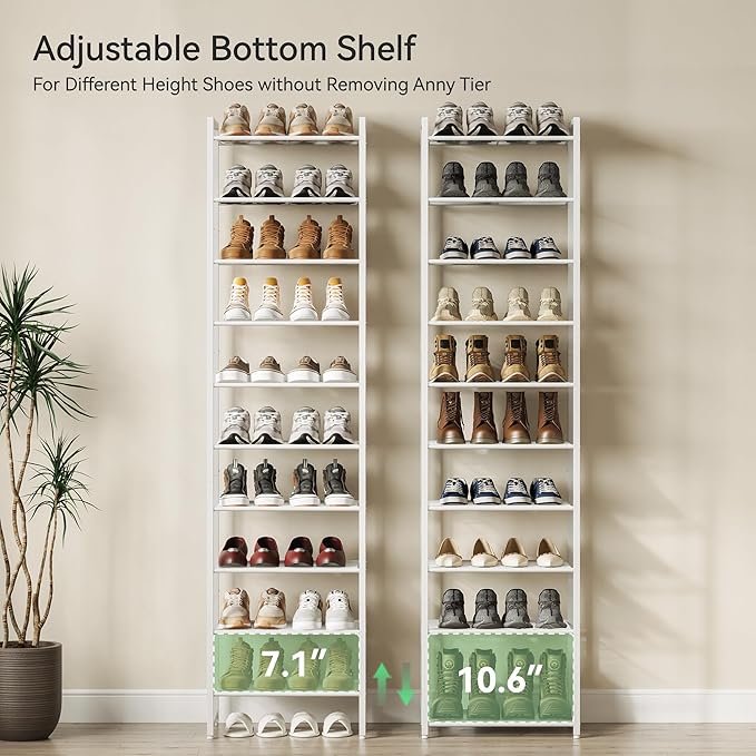 Narrow Shoe Rack, 10-Tier Metal Shoe Organizer,Tall Shoe Shelf with Anti-Tip Strap, Max Holds 20 Pairs,Space Saving for Closet,Entryway,White
