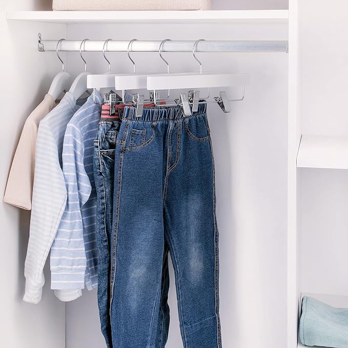 Nature Smile Kids Solid Wooden Pants Hangers,Baby Toddler Children Wood Skirts Hangers,Trousers Bottom 11.8 inches Hangers with 2-Adjustable Clips Anti-Rust Hook Pack of 20 (White)