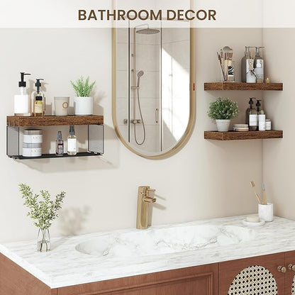 Bathroom Floating Shelves for Wall,16 inch Wall Mounted Floating Shelf Toilet Organizer and Storage,Small Farmhouse Decor Shelf,Rustic Brown,Set of 3