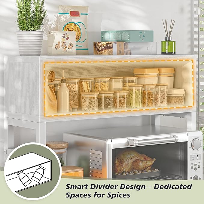 EnHomee Microwave Stand, 205LBS Microwave Shelf, Adjustable Countertop Shelf Heavy Duty 4-Tier with 9 Hooks for Kitchen Counter Organizer, Microwave Stand with Storage and Microwave Oven Rack (White)