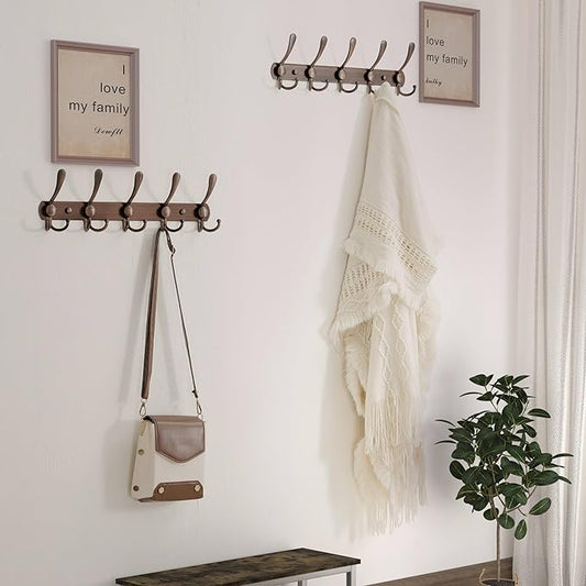 Dseap Wall Mounted Coat Rack - 5 Tri Hooks, Heavy Duty, Stainless Steel, Metal Coat Hook Rail for Coat Hat Towel Purse Robes Mudroom Bathroom Entryway (Antique Copper, 2 Packs)