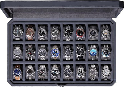 ROTHWELL 24 Slot Watch Case with Lock – Luxury Watch Box to Display and Organize Your Collection | Real Glass Top | Premium Storage for Collectors (Carbon)