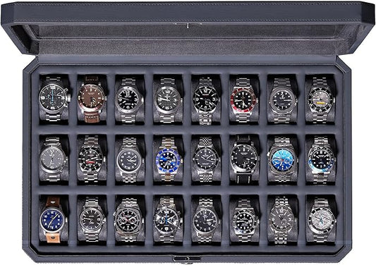 ROTHWELL 24 Slot Watch Case with Lock – Luxury Watch Box to Display and Organize Your Collection | Real Glass Top | Premium Storage for Collectors (Carbon)