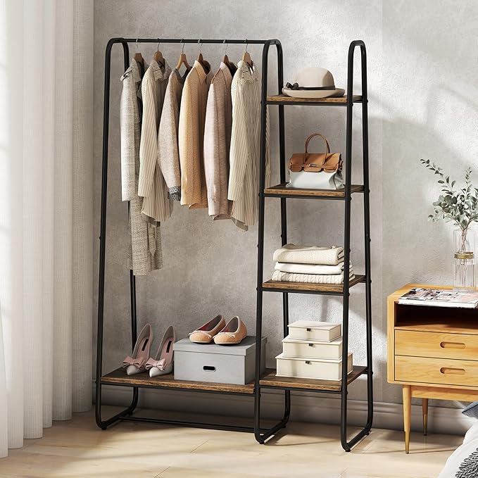 COSTWAY Clothes Rack with Shelves, Heavy Duty Garment Rack with Hanging Rod, 5-tier Shelves, Adjustable Foot Pads, Closet Organizer, Freestanding Wardrobe Clothing Racks for Hanging Clothes (Black)
