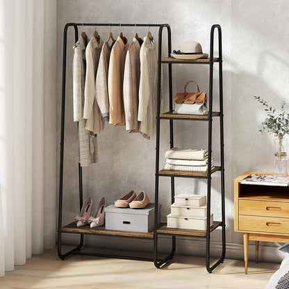 COSTWAY Clothes Rack with Shelves, Heavy Duty Garment Rack with Hanging Rod, 5-tier Shelves, Adjustable Foot Pads, Closet Organizer, Freestanding Wardrobe Clothing Racks for Hanging Clothes (Black)