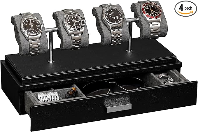 ROTHWELL Luxury Watch Display Case for 4 Watches – Leather Watch Box with Acrylic Cover and Removable Slide in Cushions – Accessory Drawer with Multiple Configurations (Black/Grey)