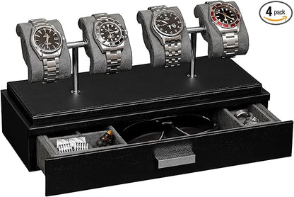 ROTHWELL Luxury Watch Display Case for 4 Watches – Leather Watch Box with Acrylic Cover and Removable Slide in Cushions – Accessory Drawer with Multiple Configurations (Black/Grey)