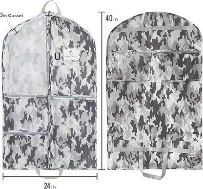 Waterproof Hanging Garment Bag 40 inch Clothes Bag with Gusset, 5 Pockets & Side Zip for Dance Costumes, Sports, Skating, Theatre, Beauty Pageants, Cheer & More by Kendall Country, Camo Grey