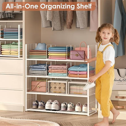 Stackable Closet Storage Shelf, Adjustable Divider Clothes Shelves Organizer for Jeans Pant Shirt Sweater Bag Purse Shoe, Clothing Shelving Rack for Bedroom RV Wardrobe Closet System-White