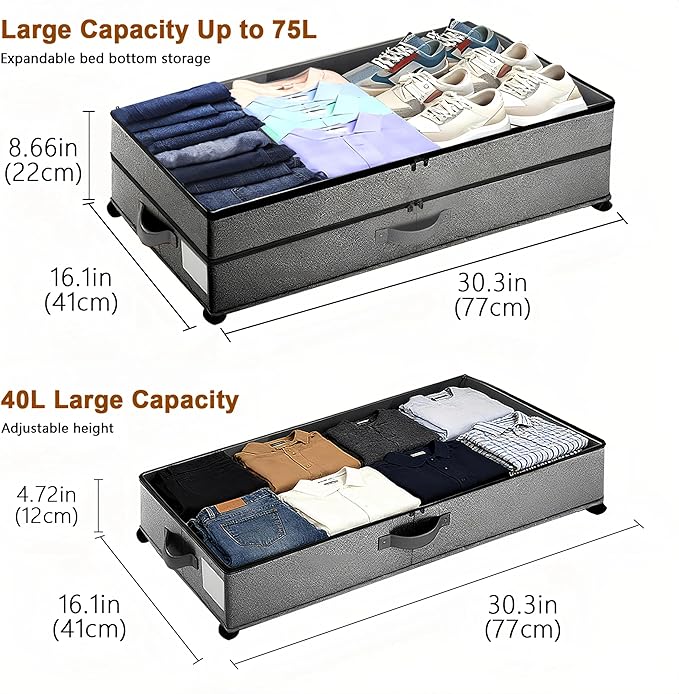 Meetue Under Bed Storage with Wheels, 2 Pack 75L Underbed Large Storage Bins with Lid, Adjustable Rolling Storage Containers for Clothes, Shoes, Blankets