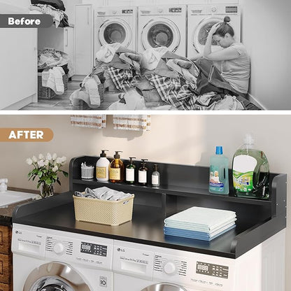 2-Tier Washer Dryer Countertop with 2.75" H Edge Rails, 58" W x 28" D Laundry Countertop for Folding Clothes, Washer and Dryer Topper with Non-Slip Pad (Black)