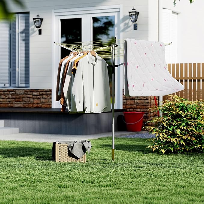 tonchean 165 Feet Outdoor Umbrella Drying Rack, 4-arm Rotary Umbrella Clothesline for Laundry Adjustable Height Rotary Dryer Collapsible Clothes Drying Rack with 12-Lines
