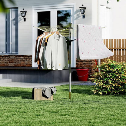 tonchean 165 Feet Outdoor Umbrella Drying Rack, 4-arm Rotary Umbrella Clothesline for Laundry Adjustable Height Rotary Dryer Collapsible Clothes Drying Rack with 12-Lines