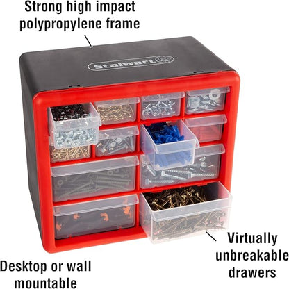 Stalwart - 75-ST6067 Storage Drawers-12 Compartment Organizer Desktop or Wall Mount Container- 4 Large and 8 Small Bins for Hardware, Beads, Jewelry, and More by