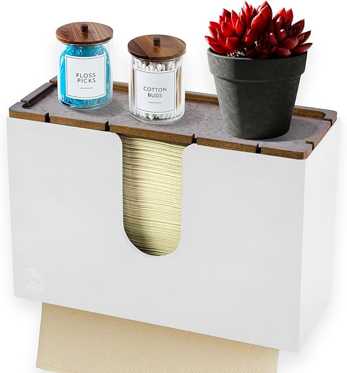 eBun Bamboo Trifold Paper Towel Dispenser – Wall Mounted or Countertop Tri Fold Paper Napkin Holder for Home, Office, Kitchen, Bathroom – Fits Multifold, Cfold, Zfold Hand Towels, White