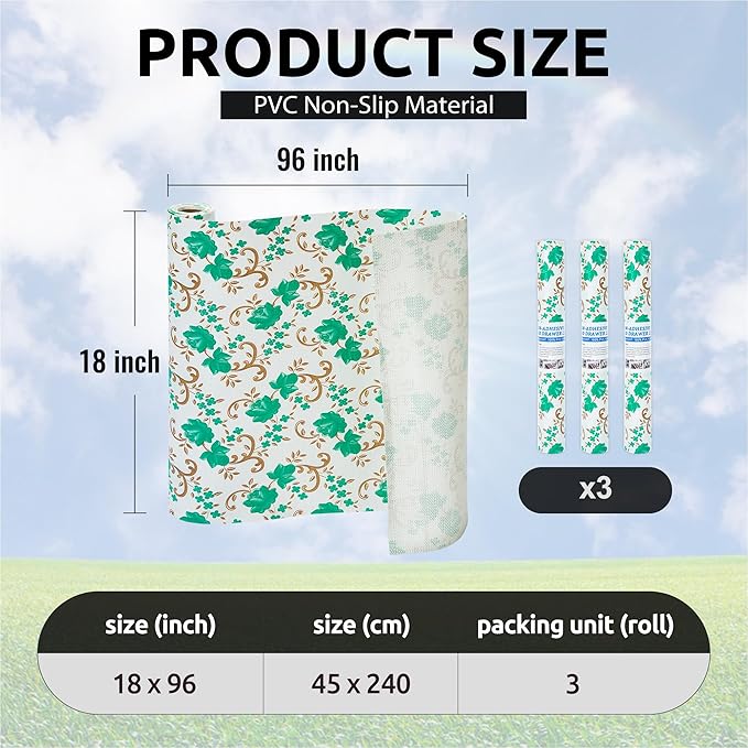 18X96 Inch Shelf Liner for Kitchen Cabinets, PVC Drawer Liner for Dresser Non-Slip Bathroom, Non-Adhesive Cabinet Liner Washable (Green Floral)(3 Roll)