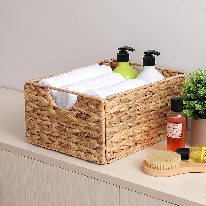 Water Hyacinth Pantry Baskets Set of 4, 12.5 x 9.5 x 6in Wicker Storage Baskets for Shelves, Pantry Baskets Organization, Bathroom Shelves Storage Basket