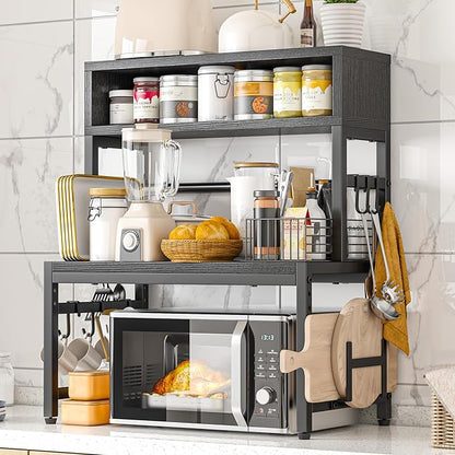 EnHomee Microwave Stand, 4-Tier with 9 Hooks for Kitchen Countertop Organizer, 205LBS Microwave Shelf, Adjustable Kitchen Shelves Microwave Stand with Storage and Microwave Oven Rack (Black)
