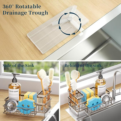Consuemst Sponge Holder for Kitchen Sink - Auto Draining Sink Caddy Organizer with Detachable Rack, High Brush Holder, Kitchen Countertop Storage Accessories, Sand Nickel