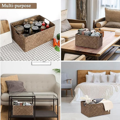 Hipiwe Seagrass Storage Opened Baskets Bin for Shelf Organizing Handwoven Wicker Baskets Rectangular Decorative Basket Closet Bedroom Organizer Bin Box Multipurpose Storage Basket with Handle