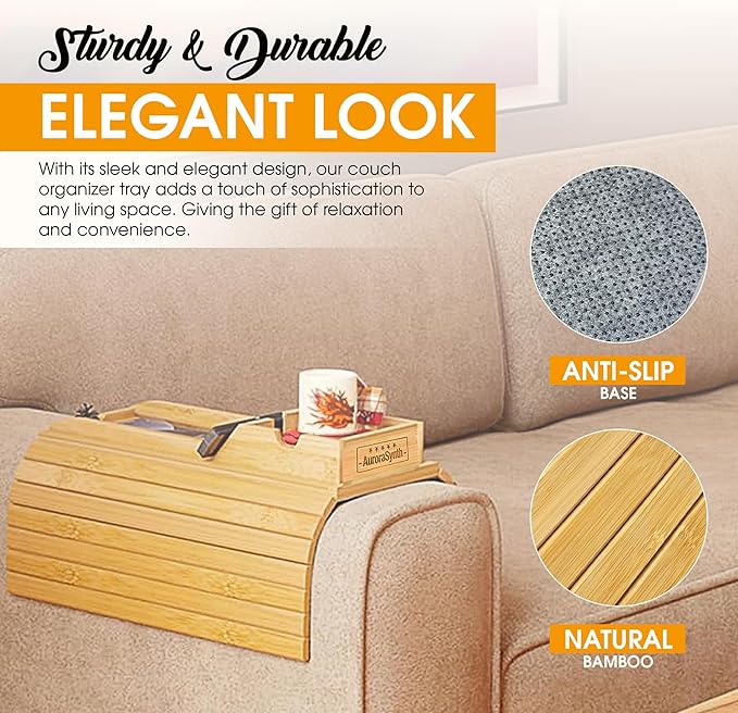 Bamboo Couch Cup Holder Tray with 2 Cork Coasters, Couch Caddy, Anti-Slip Foldable Armrest Sofa Tray, Couch Armrest Table, Anti-Spill Holder for Remote, Snacks, Cellphone - Ideal Gift