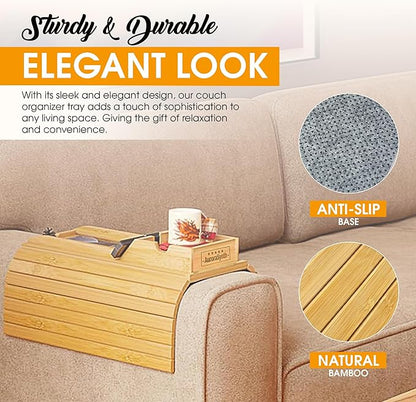 Bamboo Couch Cup Holder Tray with 2 Cork Coasters, Couch Caddy, Anti-Slip Foldable Armrest Sofa Tray, Couch Armrest Table, Anti-Spill Holder for Remote, Snacks, Cellphone - Ideal Gift