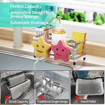 HapiRm Sink Caddy Sponge Holder - Self-draining Kitchen Sink Organizer with Smiley Face and Brush Holder, Stainless Steel Kitchen Sponge Caddy for Countertop - Silver