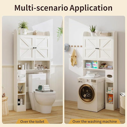 Vipbear Over The Toilet Storage Cabinet, 32.3” W Farmhouse Bathroom Storage Cabinet Above Toilet with Toilet Paper Holder and Barn Doors, Freestanding Restroom Organizer Space Saving Rack, White