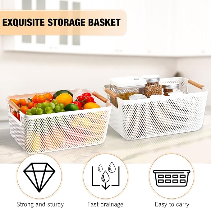 Tioncy 4 Pcs White Mesh Baskets with Wooden Handles Plastic Storage Organizer Baskets Pantry Basket Fruit Vegetables Gathering Basket Bin for Organizing Cabinet Closet Bedroom Kitchen(Medium)