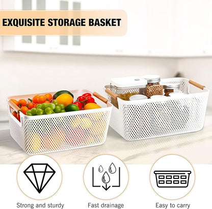 Tioncy 4 Pcs White Mesh Baskets with Wooden Handles Plastic Storage Organizer Baskets Pantry Basket Fruit Vegetables Gathering Basket Bin for Organizing Cabinet Closet Bedroom Kitchen(Medium)