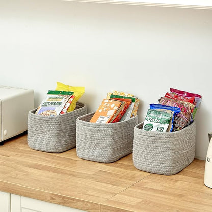 Small Cotton Rope Basket – Storage Bin for Organizing (10.6" x 6.7" x 6.7"), Bathroom Storage Basket for Shelf, Counter & Closet（Grey）