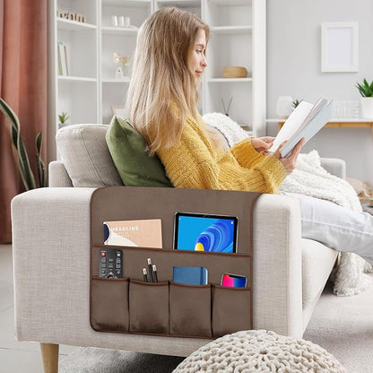 WETRBWEH TV Remote Control Holder Couch Caddy, Non-slip Bedside Caddy Organizer with 5 Pockets for Key Glasses Phone Magazine Holders (Brown, 35''x18'')