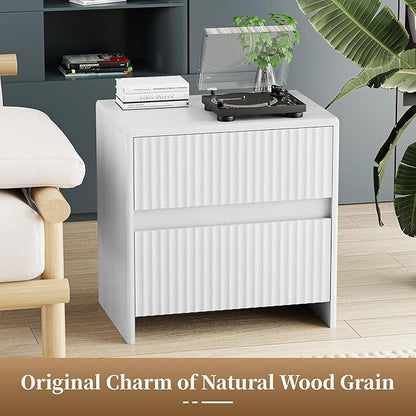 HOCAT Fluted Nightstand, 23" Wide Bedside Table with 2 Storage Drawers, Modern Night Stand for Bedroom, White