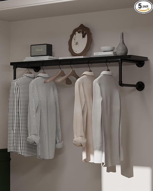 Clothes Rack 42in, Wall Mounted Garment Racks with Real Black Wood Shelf, Heavy Duty Hanging Clothes Rack, Multi-Purpose Hanging Rod, Space-Saving Closet Storage