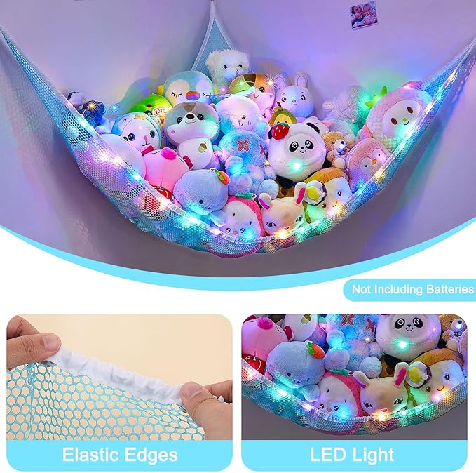 Unicorn Castle Stuffed Animals Net or Hammock Kids Toy Storage Organizer with LED Light Hanging Corner Stuffed Animals Holder Kids Girls Room Decor,Blue,Large (Pack of 1)